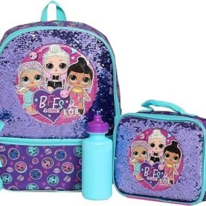 L.O.L. Surprise! Girl’s 4 Piece Backpack Set, Flip Sequin 16" School Bag with Front Zip Pocket, Purple and Teal