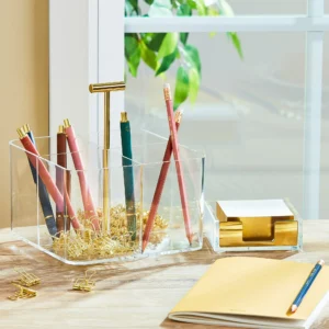 Pen+Gear Acrylic Rotating Desk Organizer, 6.57 in x 6.57 in x 7.28 in, 4 Compartments, Clear